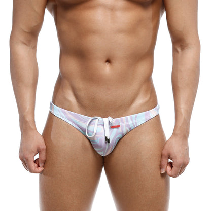 Pastel-colored MetroMaleWear classic swim bikini swirl trunks with subtle iridescent pattern and white drawstring