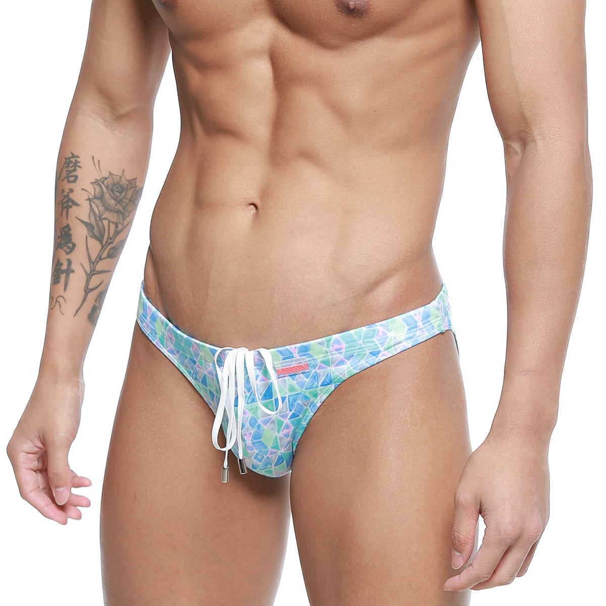 Blue and green geometric patterned MetroMaleWear classic swim bikini glass 4937-62 swim trunks with white drawstring ties