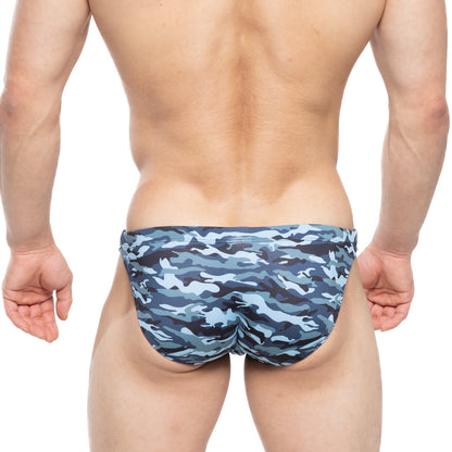 Metro male wear military swim bikini navy 4937-92 blue and gray camouflage patterned swim trunks front view