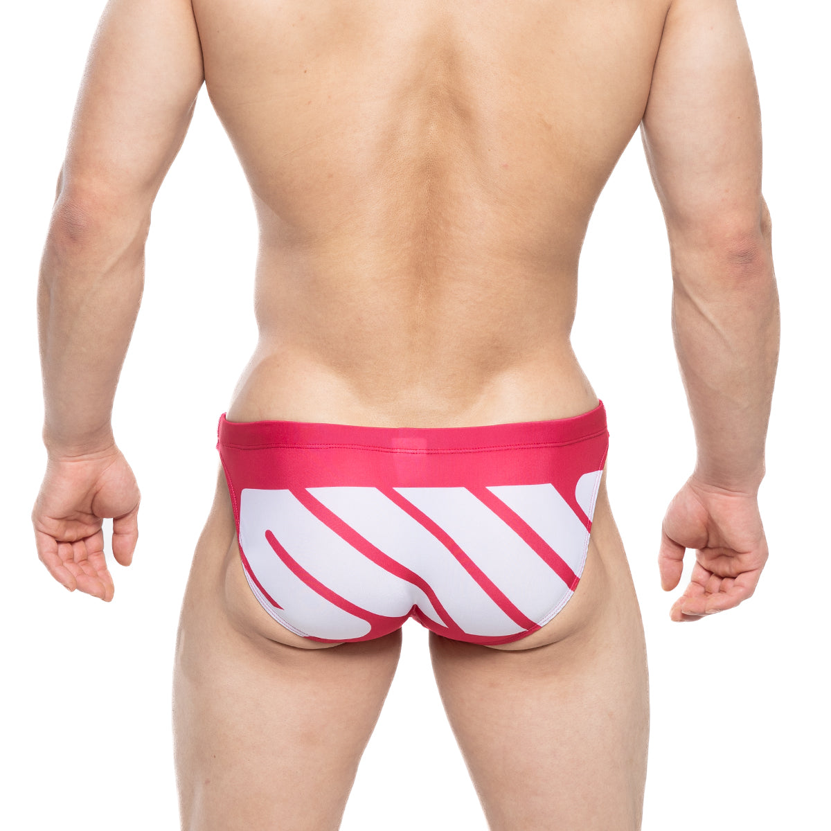 Bright pink and white striped swim trunks by metromalewear featuring a bold modern design for swimwear use