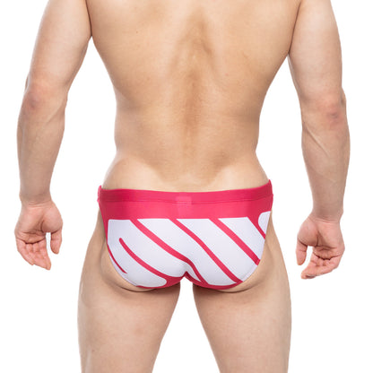 Bright pink and white striped swim trunks by metromalewear featuring a bold modern design for swimwear use