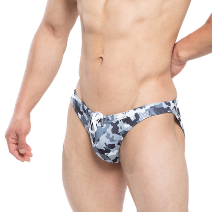 MetroMalewear military swim bikini gray 4937-95 with gray and black camouflage pattern and white drawstring