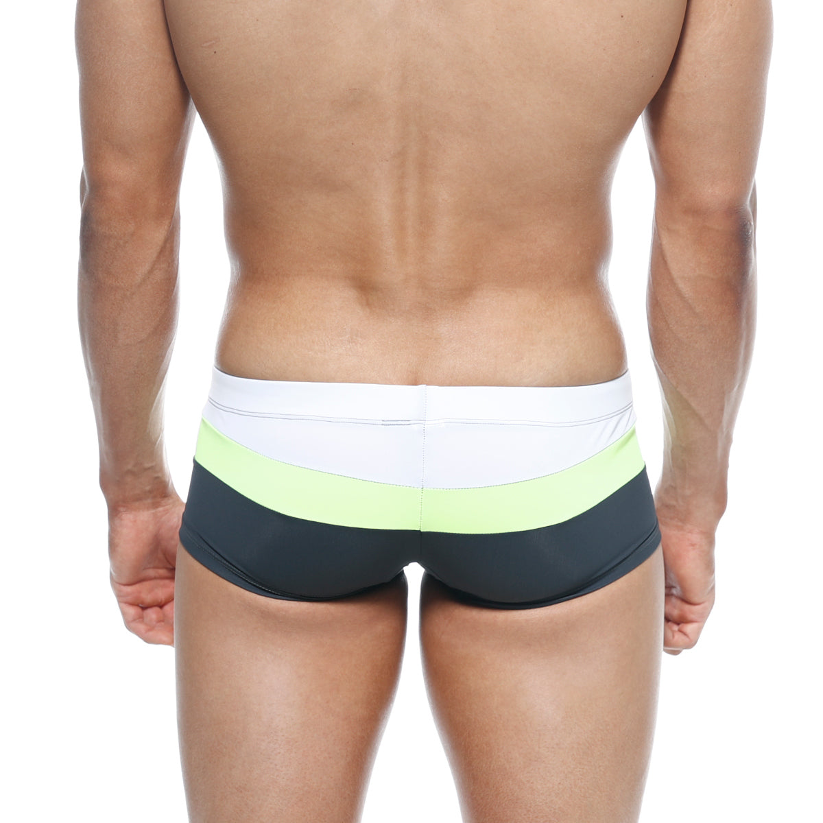 MetroMaleWear lycos men’s swim trunks with white waistband lime green and black horizontal stripes for swimming