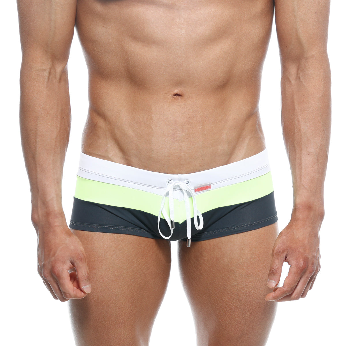 MetroMaleWear Lycos swim trunk with white waistband lime green and black horizontal stripes and white drawstring ties