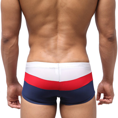 Men’s metromalewear lycos swim trunks in navy with bold red white and navy horizontal stripes for beachwear