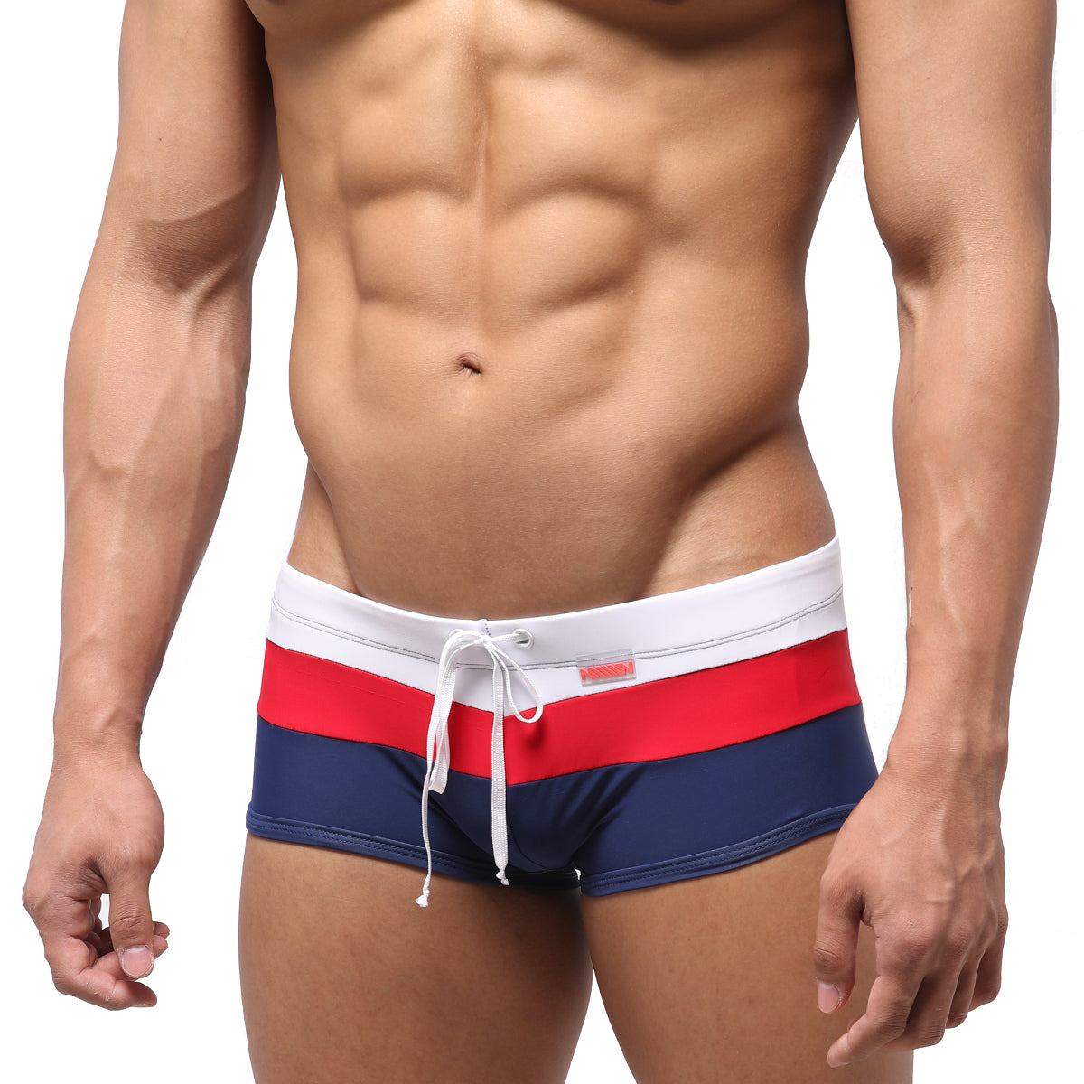 MetroMalewear lycos navy men’s swim trunks with bold red and white horizontal stripes on the waistband