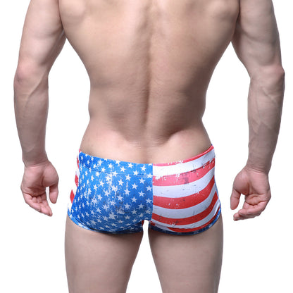 MetroMaleWear flag swim trunk 4938-91 with American flag split design featuring blue stars and red stripes on white