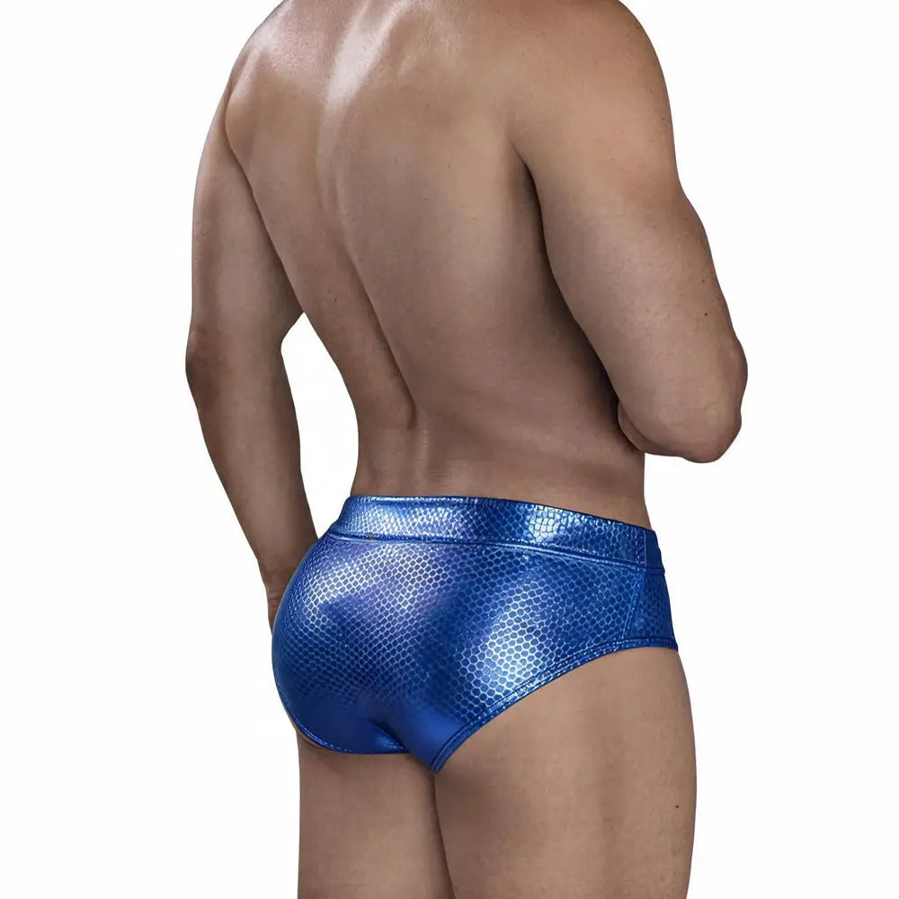 Men's blue swim brief with a shiny textured finish shown from the back by MetroMaleWear M2W