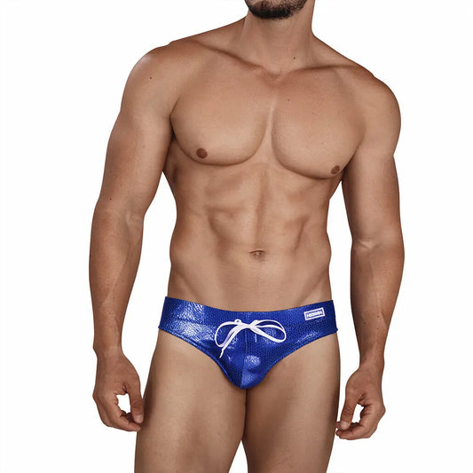 Blue swim brief with a textured finish and drawstring worn by a model by MetroMaleWear M2W