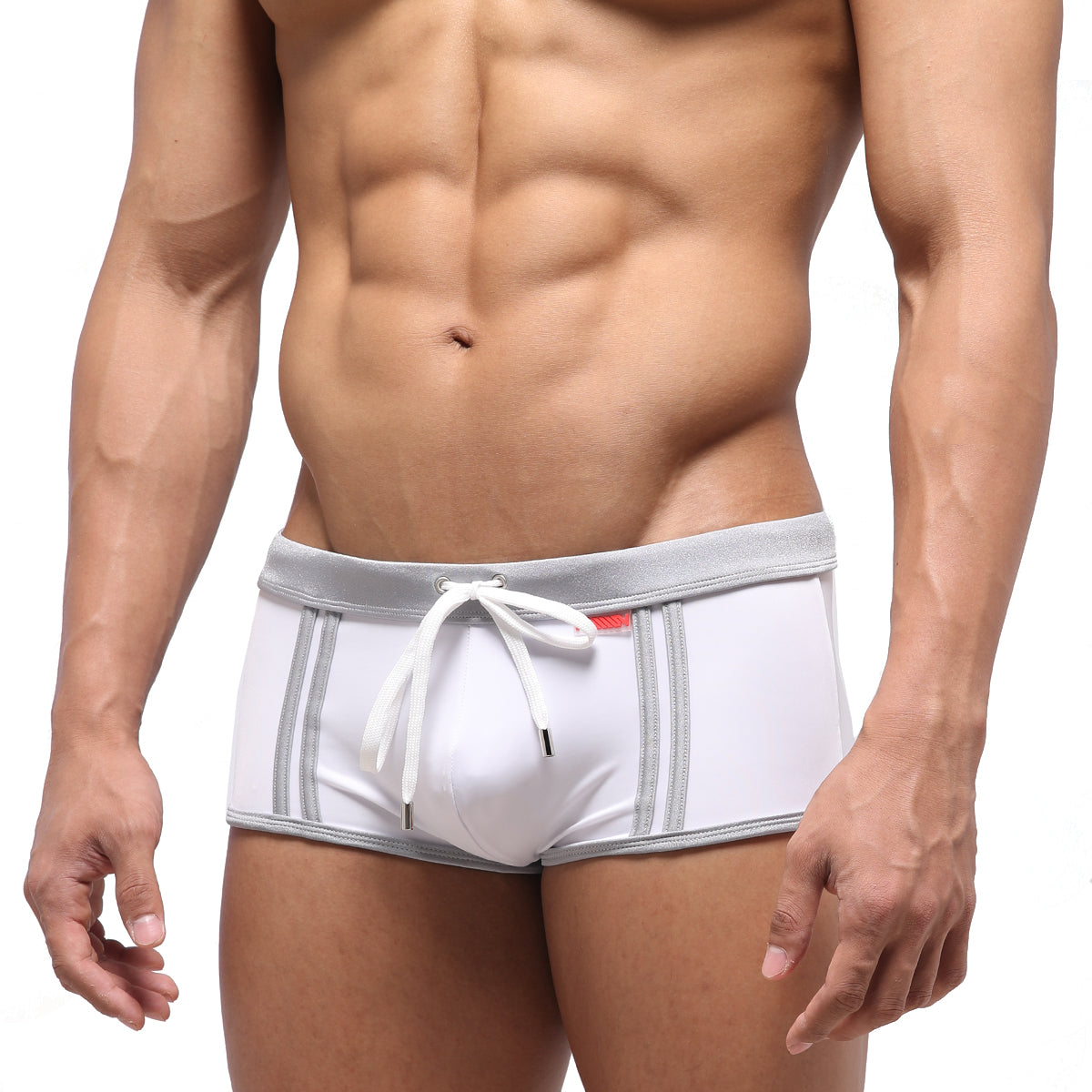 White swim trunks with gray trim and white drawstring from metromalewear fresco swim trunk crystal 4944-00