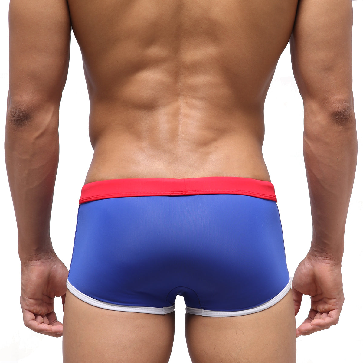 Blue swim trunks with red waistband and white trim from metromalewear fresco swim trunk royal blue 4944-18