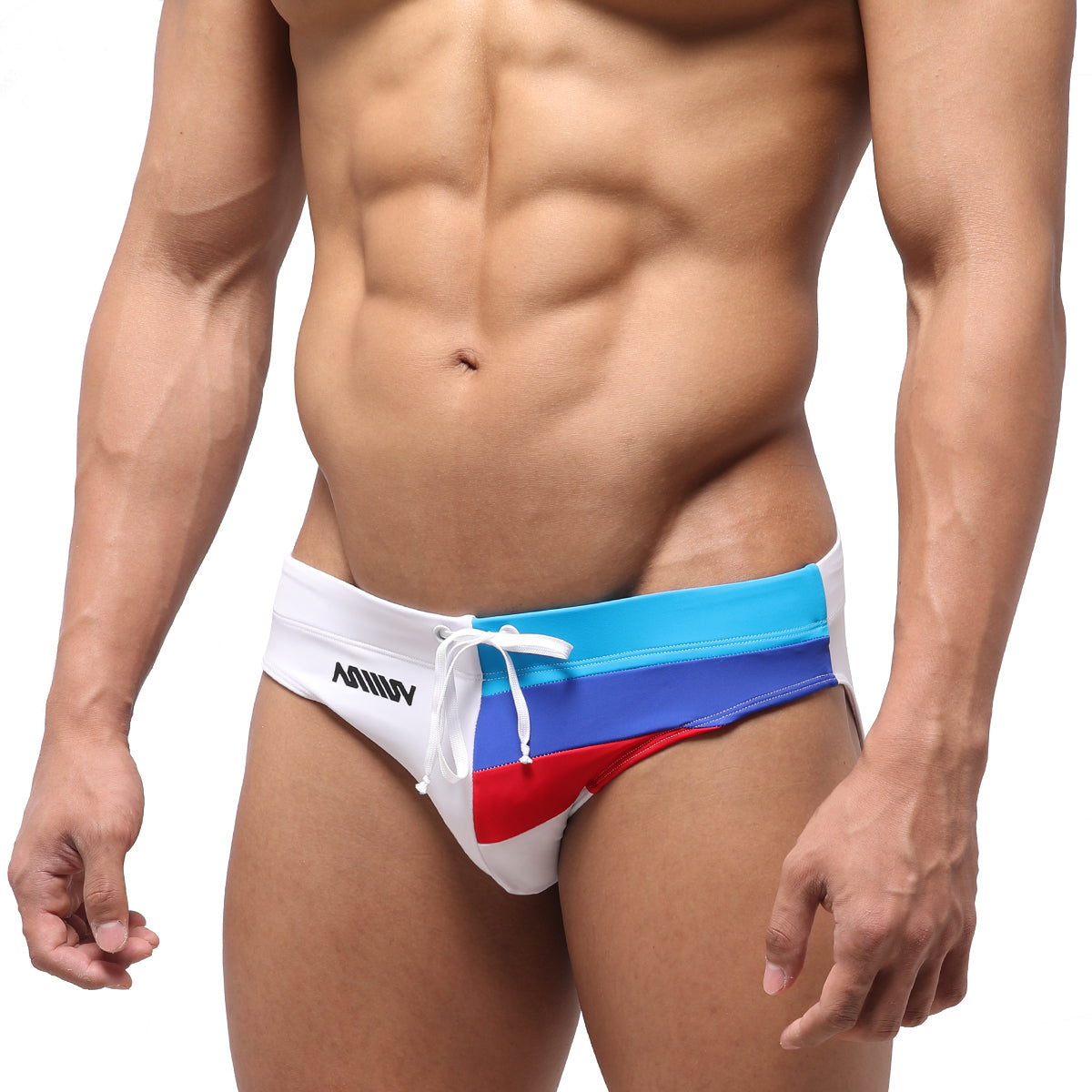 MetroMaleWear EURO2 swim brief with white blue and red stripes and a white drawstring waistband