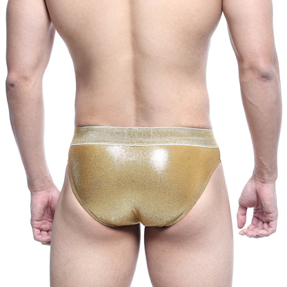 MetroMaleWear Luxor swim brief in shiny gold metallic with textured glittery finish and matching elastic waistband