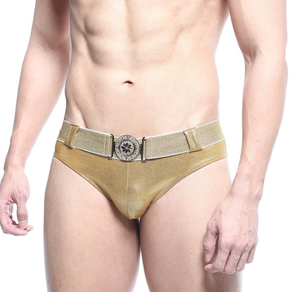 MetroMaleWear Luxor swim brief gold metallic with textured elastic waistband and ornate silver floral buckle