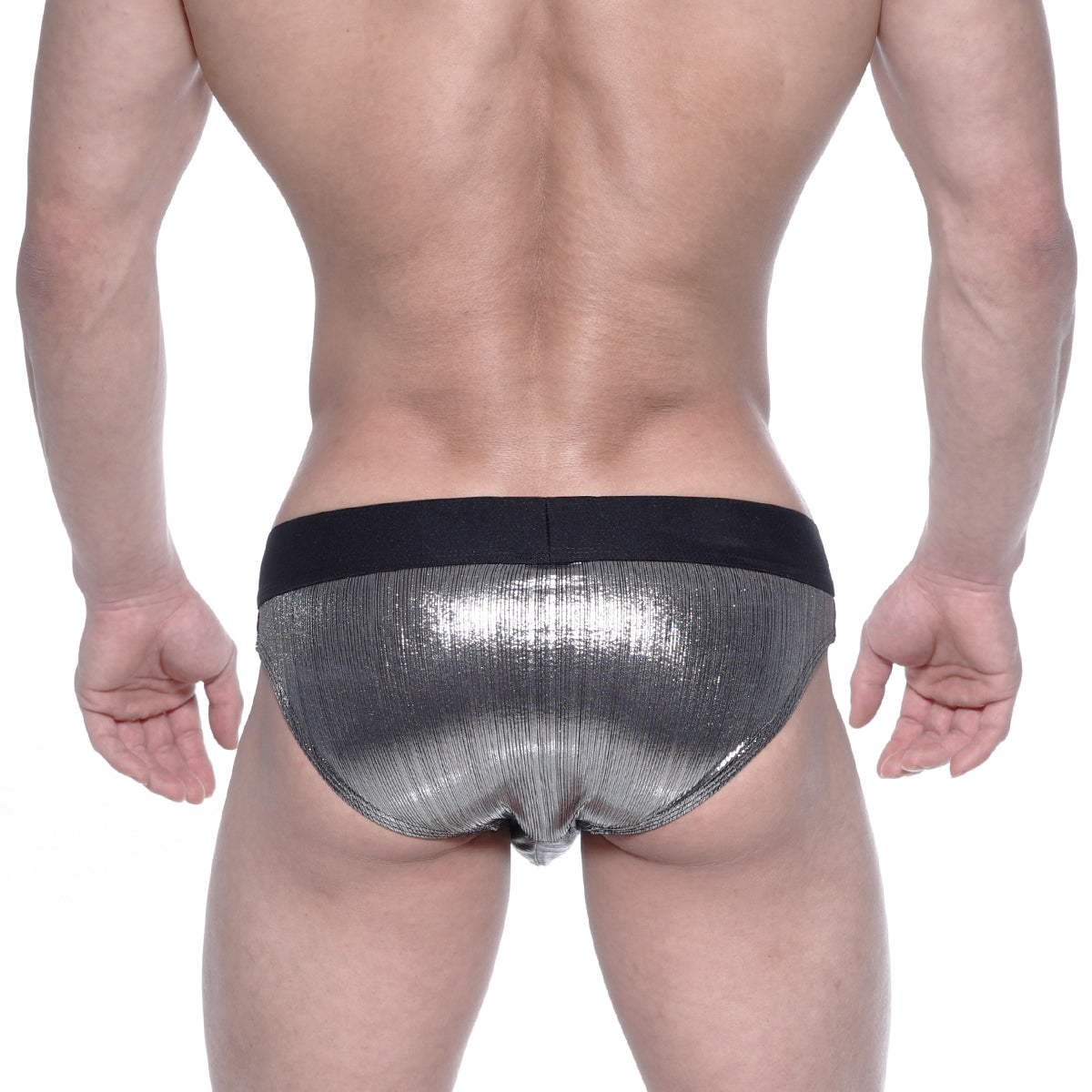 MetroMaleWear STARS swim brief in shiny silver metallic fabric with a black elastic waistband for men