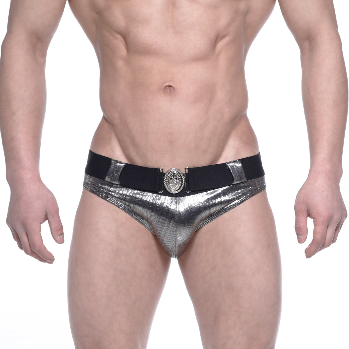 MetroMaleWear STARS swim brief silver shiny metallic with black elastic waistband and ornate circular buckle