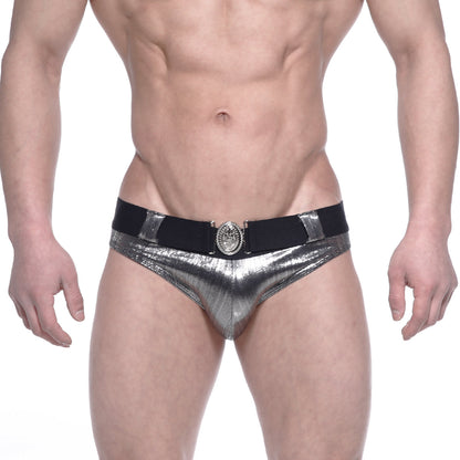 MetroMaleWear STARS swim brief silver shiny metallic with black elastic waistband and ornate circular buckle