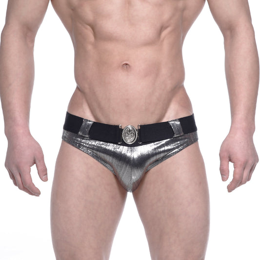 MetroMaleWear STARS swim brief silver shiny metallic with black elastic waistband and ornate circular buckle