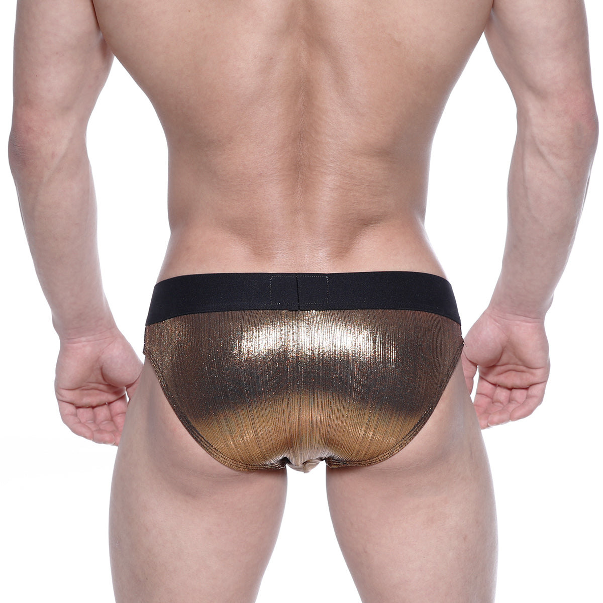 MetroMaleWear Stars swim brief gold shiny metallic fabric with black elastic waistband for men