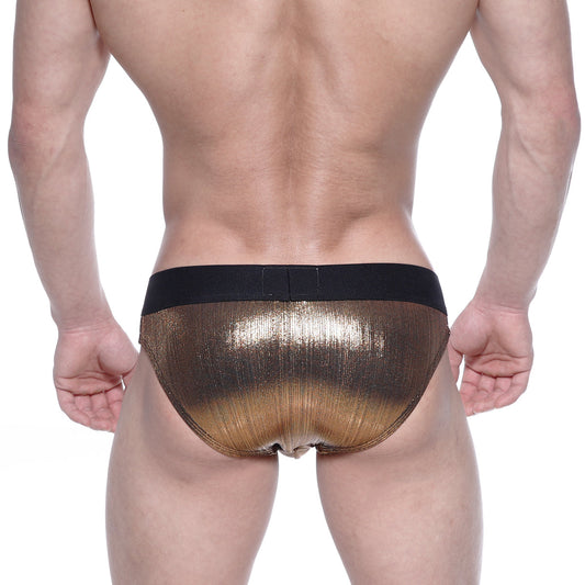 MetroMaleWear Stars swim brief gold shiny metallic fabric with black elastic waistband for men