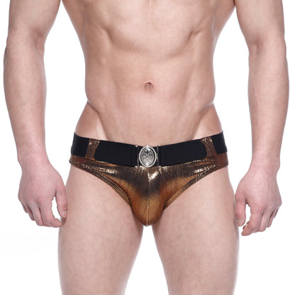 MetroMaleWear STARS gold shiny metallic swim briefs with black elastic waistband and silver ornate buckle