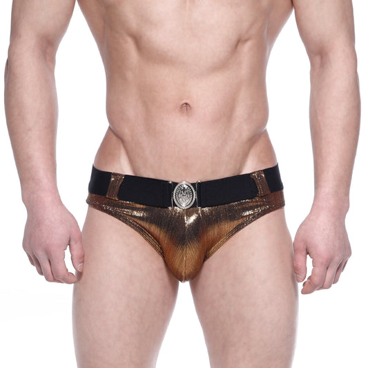 MetroMaleWear STARS gold shiny metallic swim briefs with black elastic waistband and silver ornate buckle
