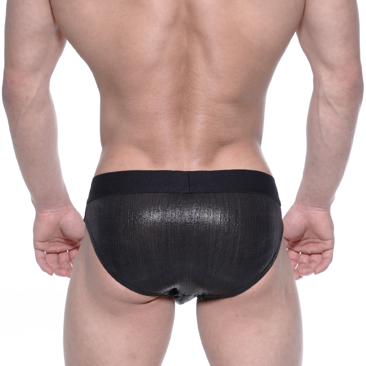 MetroMaleWear STARS black swim briefs feature shiny mesh fabric with ribbed texture and elastic waistband for swim use