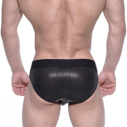 MetroMaleWear STARS black swim briefs feature shiny mesh fabric with ribbed texture and elastic waistband for swim use