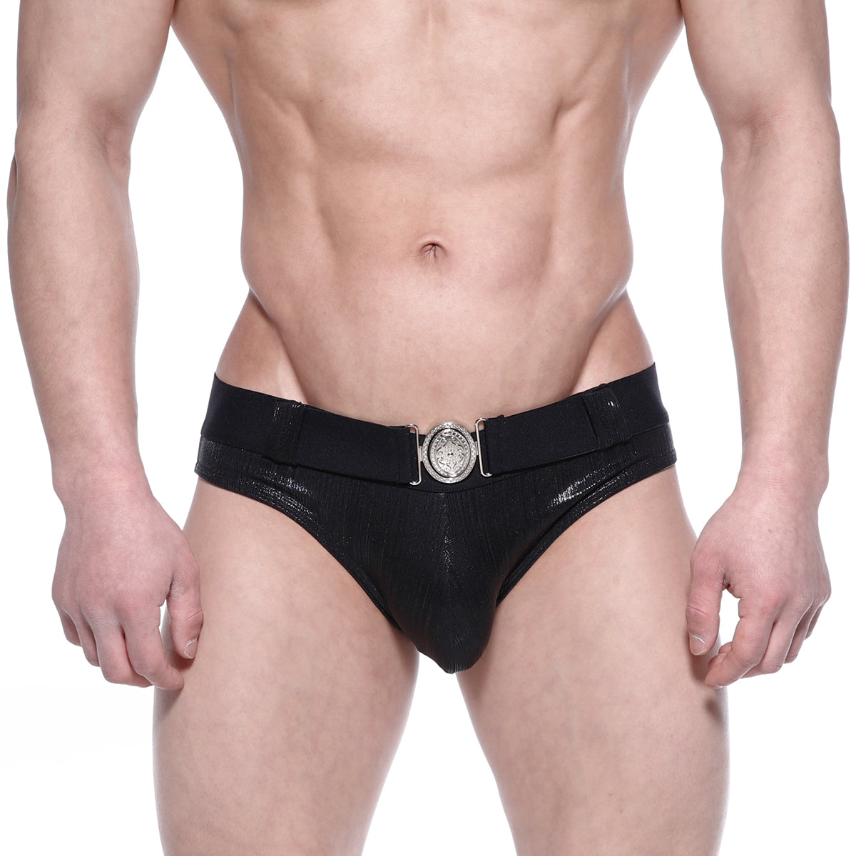 MetroMaleWear STARS black patent leather swim briefs featuring a silver-toned circular buckle