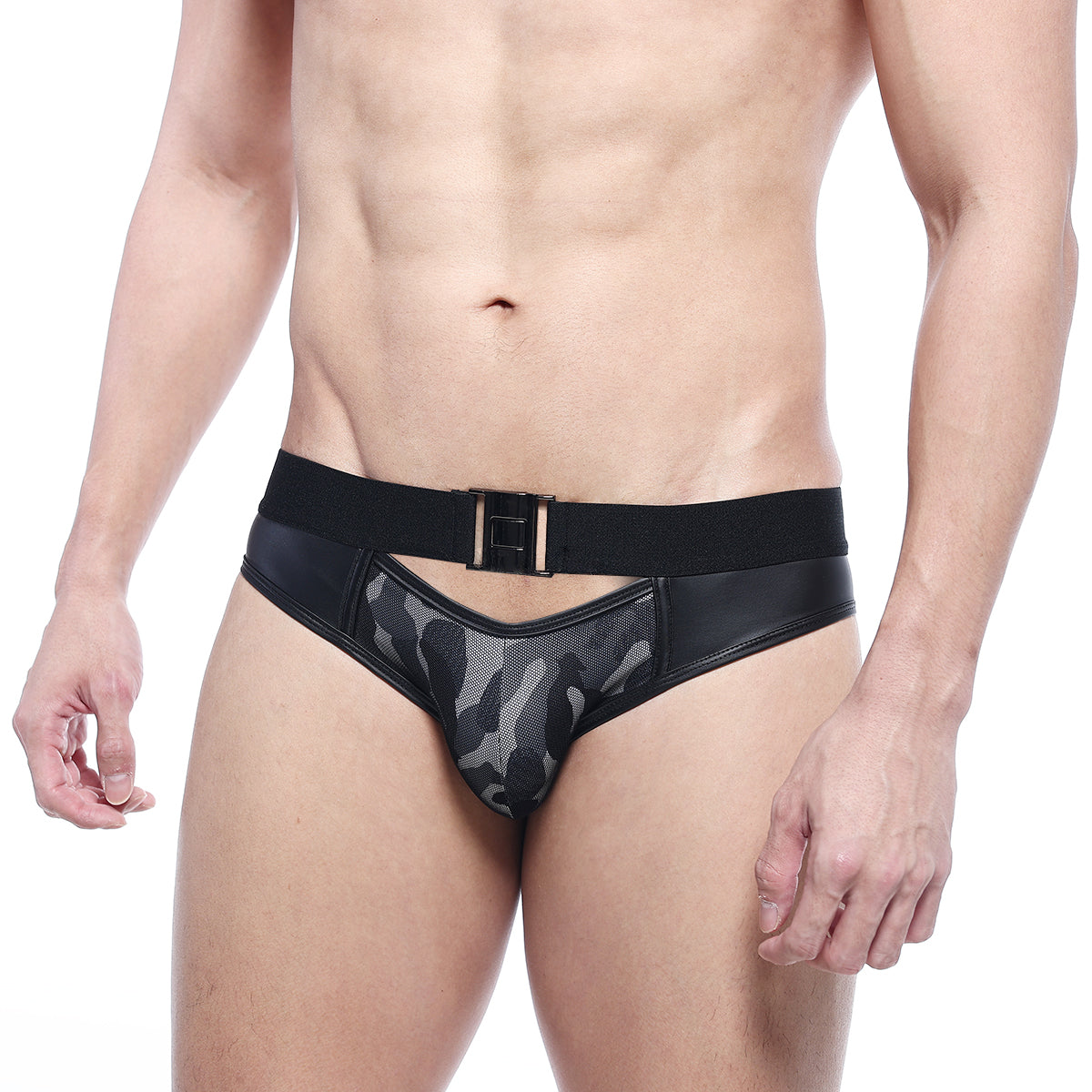 MetroMalewear camouflage swim brief 4946-90 with black leather trim camouflage mesh panel and matching belt buckle