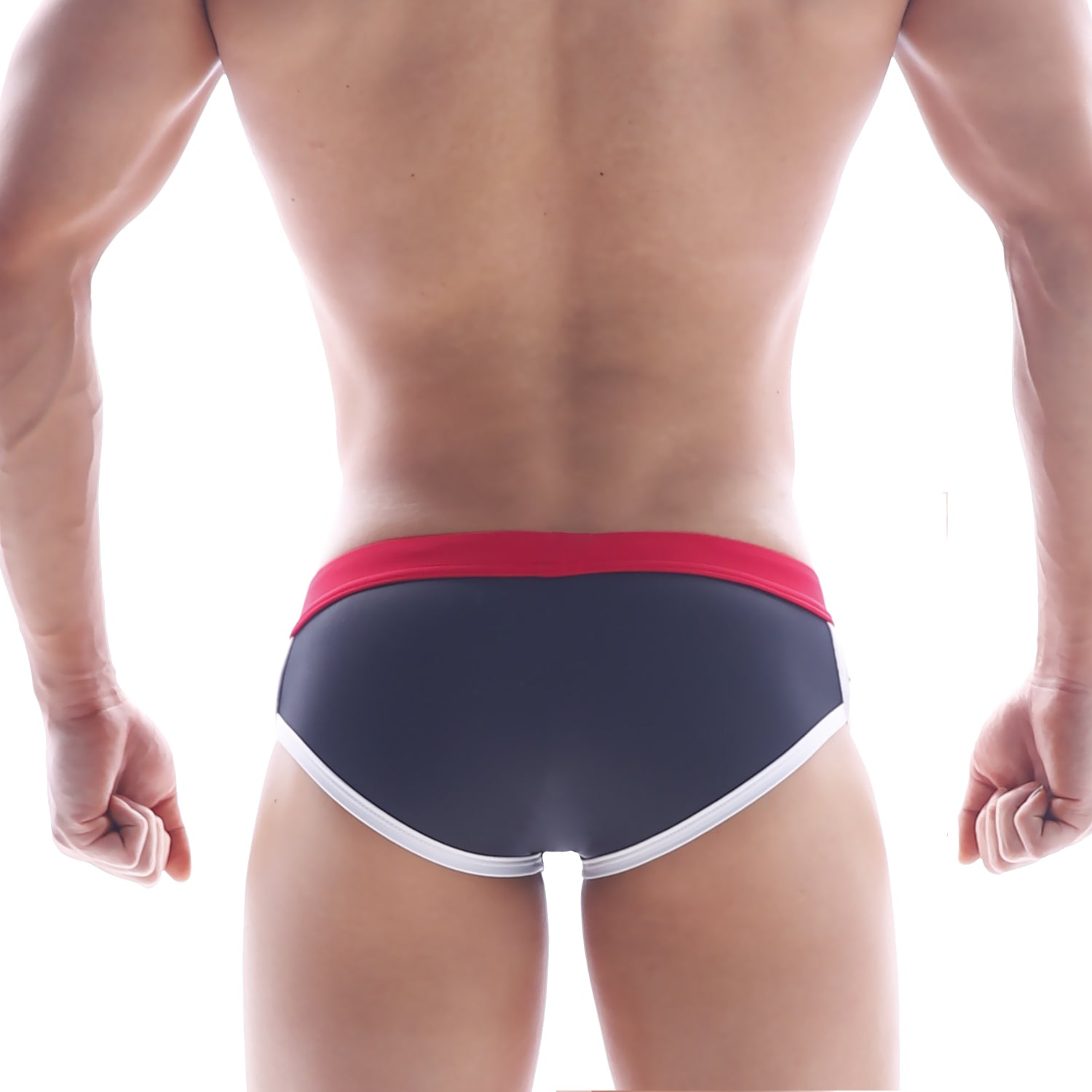 MetroMaleWear Capas swim brief black in dark gray with red waistband and white trim for comfortable swimming