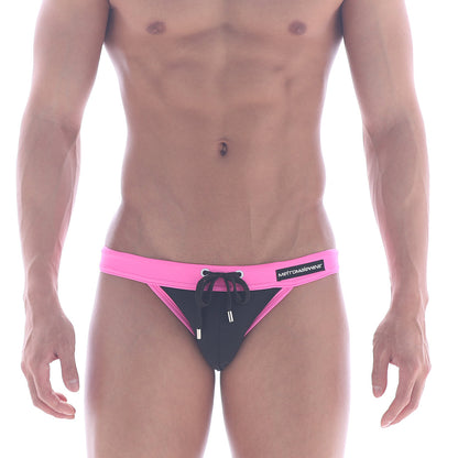MetroMalewear rio swim bikini black 4949-20 black and pink swim trunks with bright pink waistband and metromalewear logo