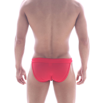 Bright red form-fitting swim trunks with smooth fabric and contoured design metroMalewear Rio Swim Bikini America