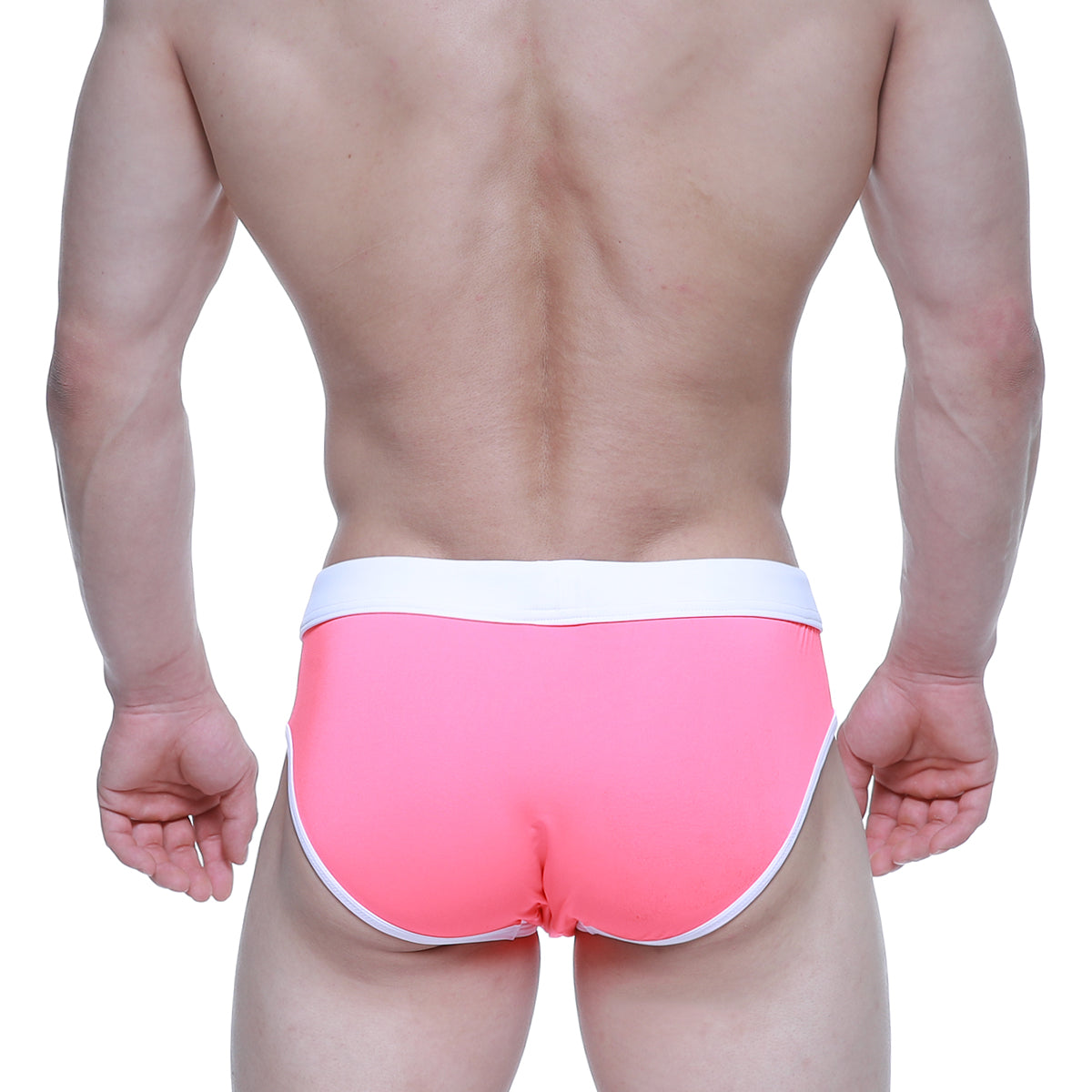 MetroMaleWear swim brief neon pink 4953-02 with bright pink swim trunks featuring a white waistband and trim