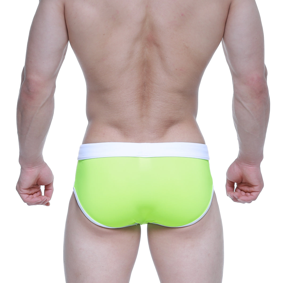 Bright lime green MetroMaleWear swim briefs with white waistband and trim designed for comfortable swimwear use