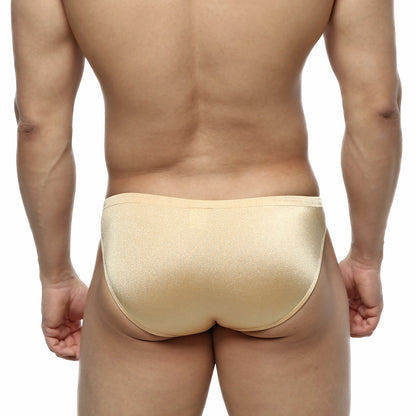 Beige metallic MetroMaleWear silicon swim bikini briefs with a sleek form-fitting design for swimwear use