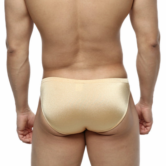 Beige metallic MetroMaleWear silicon swim bikini briefs with a sleek form-fitting design for swimwear use