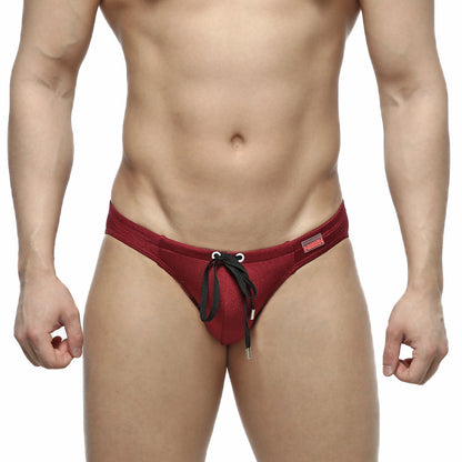 Red mesh swim trunks with black drawstring ties from MetroMaleWear silicon swim bikini burgundy 4955-22 collection