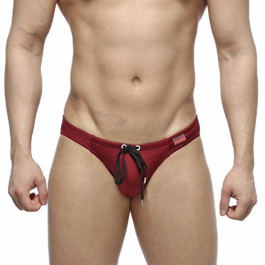 Red mesh swim trunks with black drawstring ties from MetroMaleWear silicon swim bikini burgundy 4955-22 collection