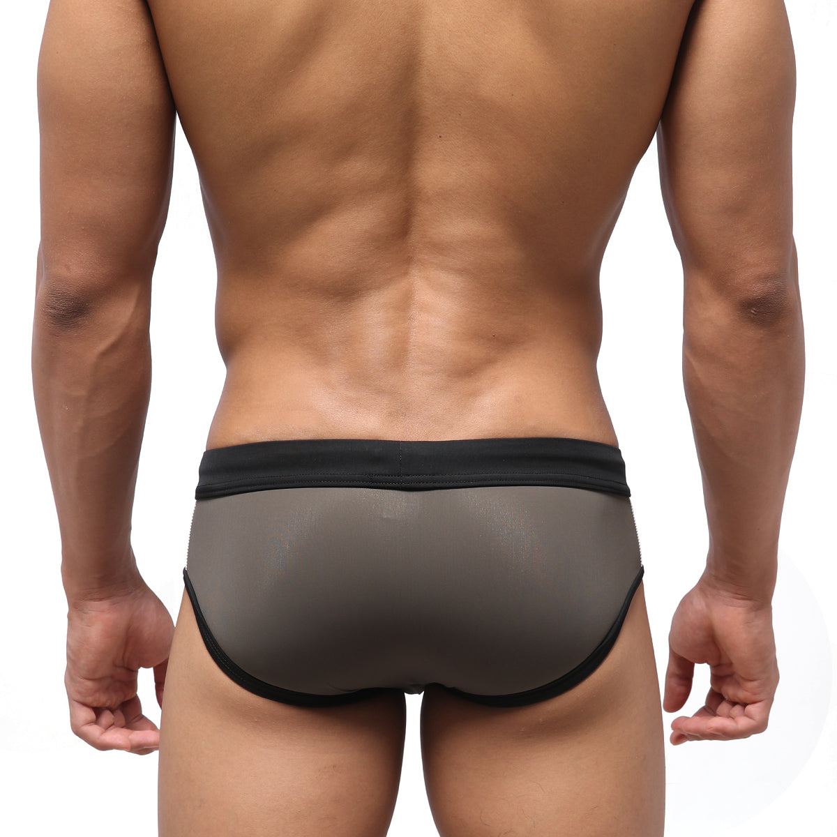 MetroMaleWear Tebai swim brief in khaki gray mesh with black trim designed for comfortable swimwear use