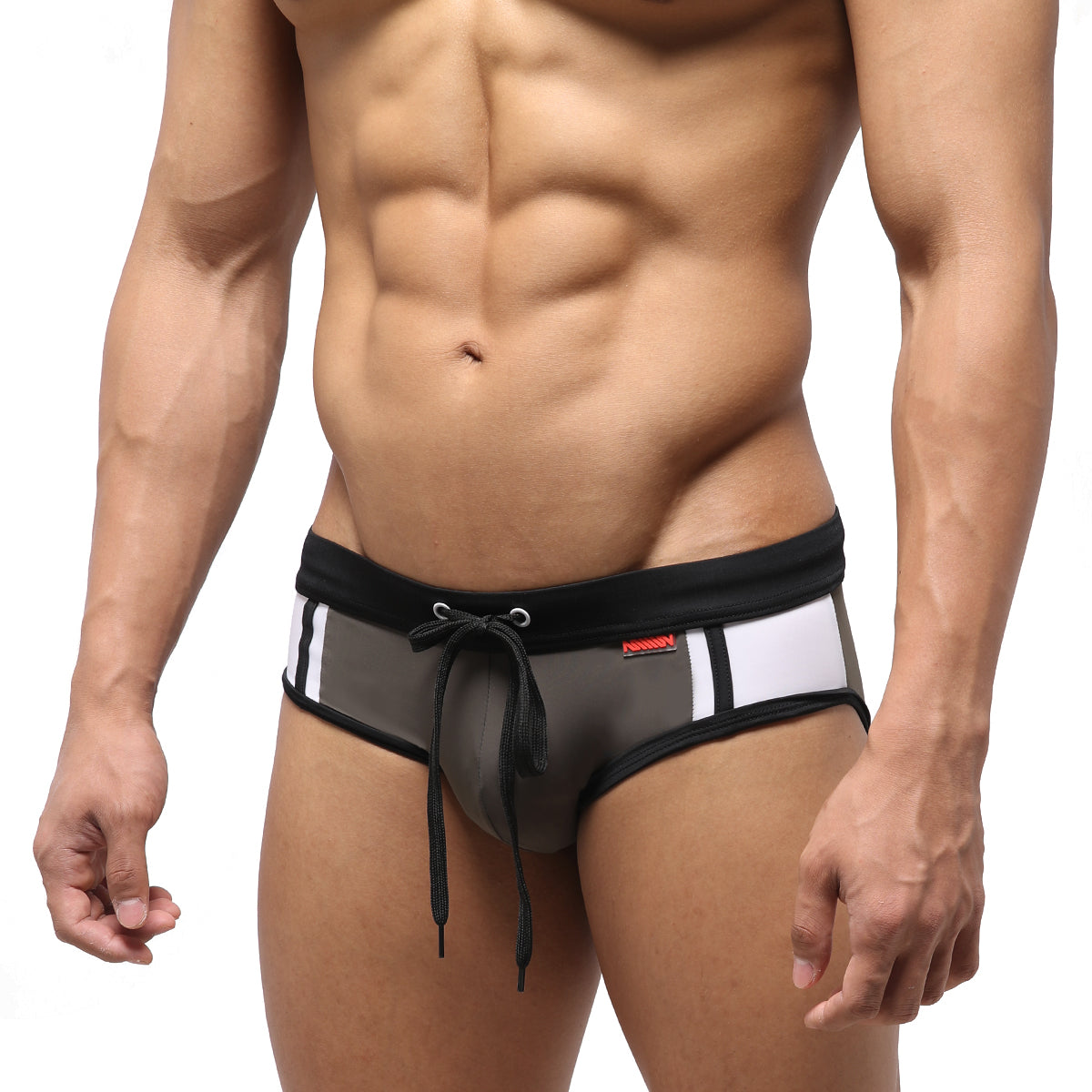 Black and white mesh swim trunks with drawstring waistband from MetroMaleWear Tebai Swim Brief khaki 4956-26