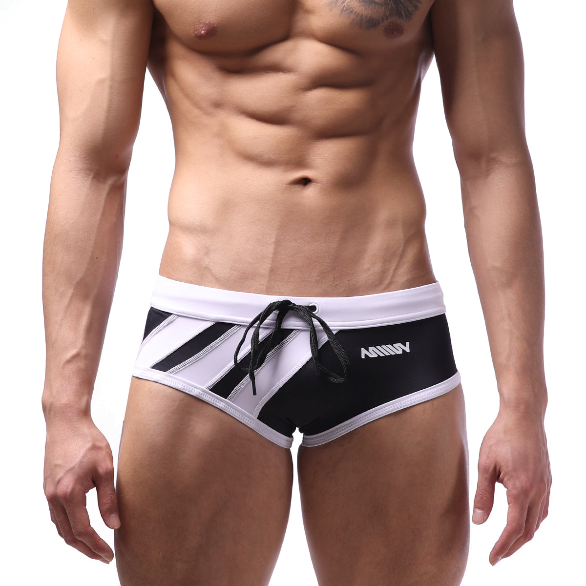 MetroMaleWear speed swim brief white 4960-00 black and white striped trunks with drawstring waistband for swimming