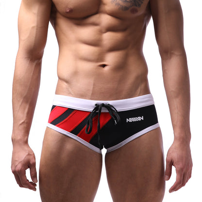 MetroMaleWear Speed Swim Brief red 4960-12 black and red striped swim trunks with white trim and drawstring waistband