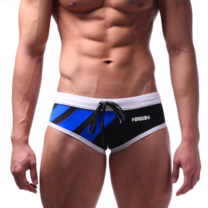 MetroMaleWear speed swim brief royal blue with blue and black stripes white trim and a drawstring waistband