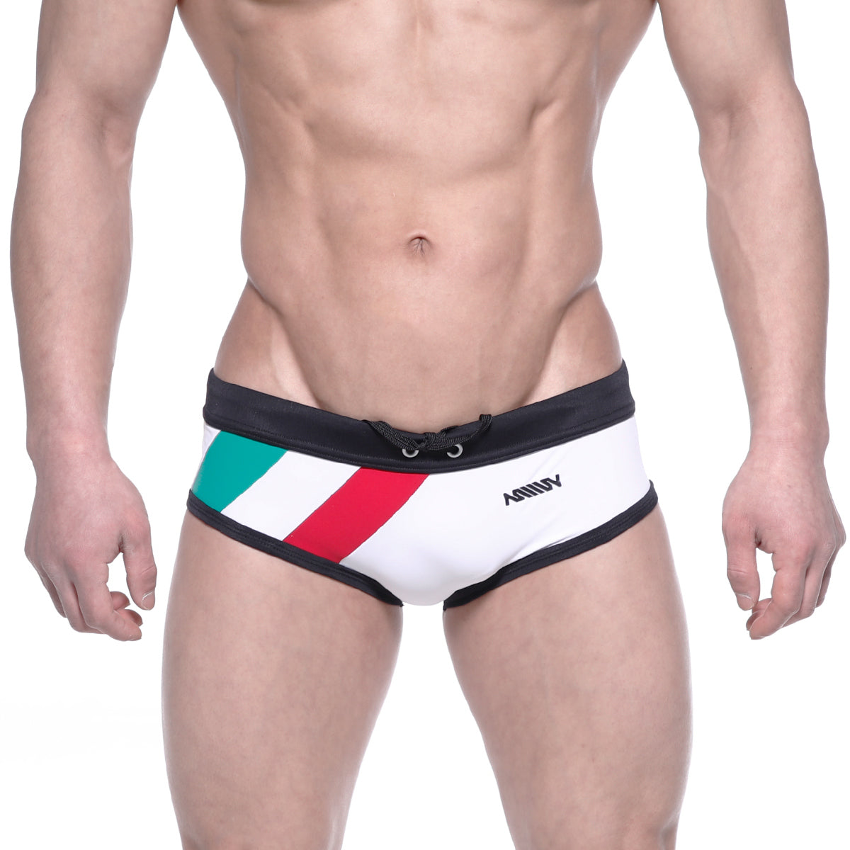 White swim trunks with black trim and diagonal green white and red stripes metro malewear italy flag briefs