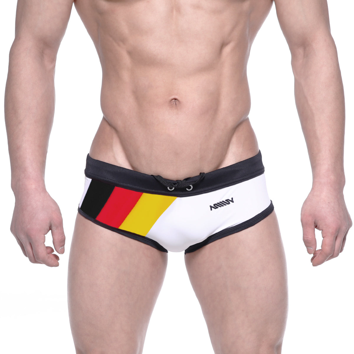 White swim trunks with black trim and a bold german flag design on the side by ammy from metromalewear
