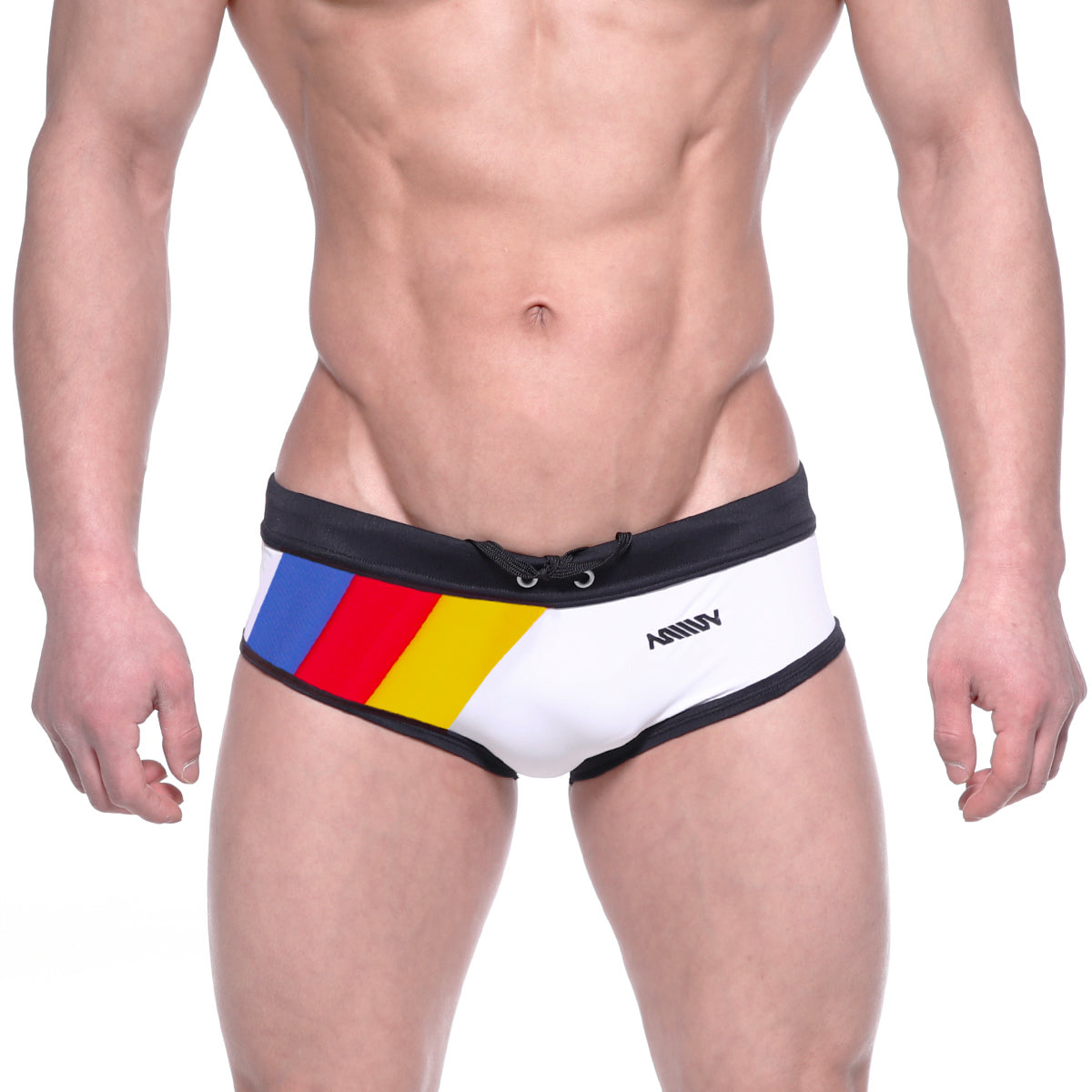 White swim trunks with bold blue red yellow diagonal stripe black trim and ammy logo side metro malewear korean flag briefs
