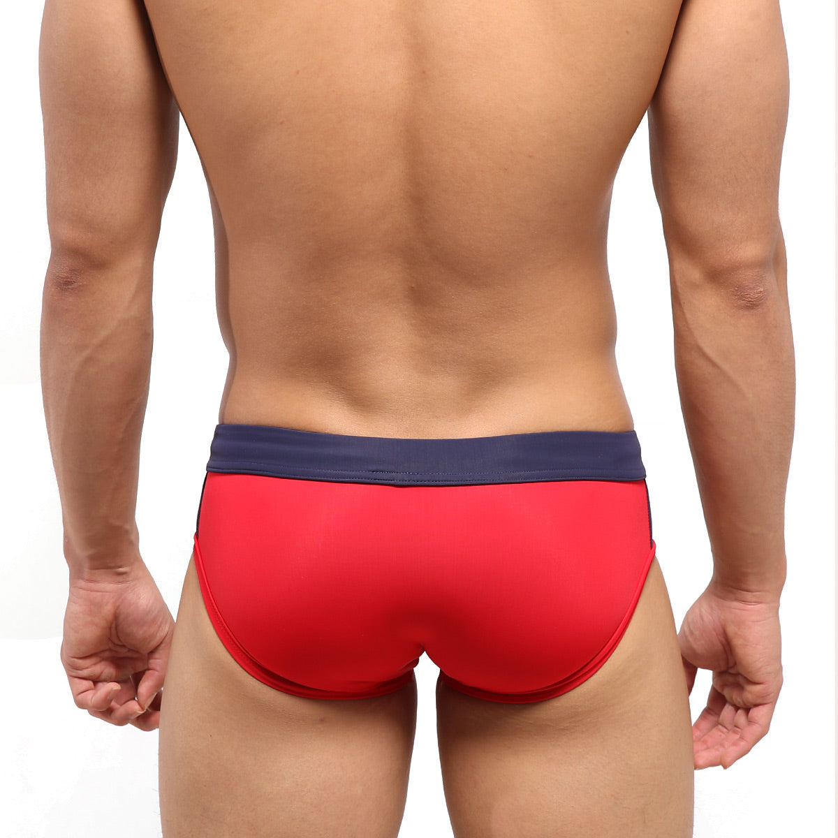 Metro male wear reno swim brief in red with navy blue waistband designed for men’s swimming and beachwear