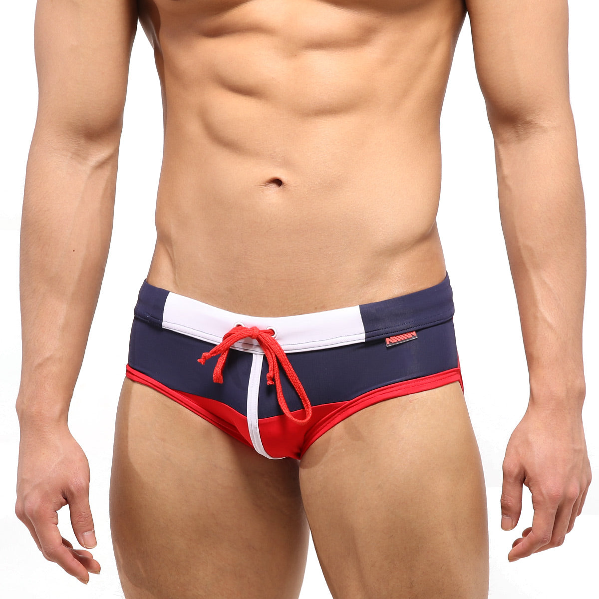 Metro male wear reno swim brief red 4962-12 navy blue and red trunks with white trim and red drawstring for swimming