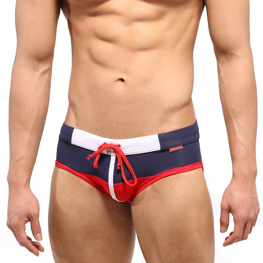 Metro male wear reno swim brief red 4962-12 navy blue and red trunks with white trim and red drawstring for swimming